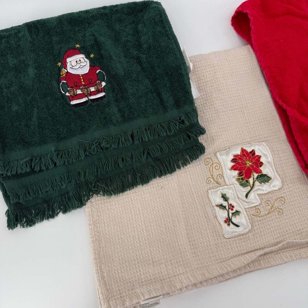 Vintage Christmas Towels Lot 9 Embroidered Trees Santa Poinsettia Holiday Decor - Picture 2 of 13